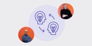 Abstract idea-exchange illustration: two head silhouettes with lightbulbs connected by arrows inside a purple circle, flanked by two orange-circle photos of people.
