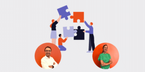 People collaborate to assemble large puzzle pieces, symbolizing teamwork, with two circular photos of a smiling man and a woman at the bottom.