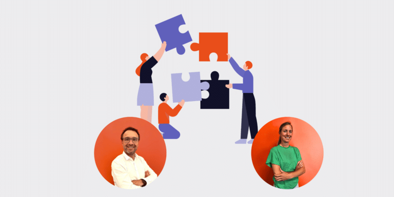 People collaborate to assemble large puzzle pieces, symbolizing teamwork, with two circular photos of a smiling man and a woman at the bottom.
