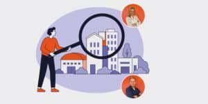 Person in orange shirt uses a large magnifying glass to inspect a city of buildings, symbolizing real estate search.