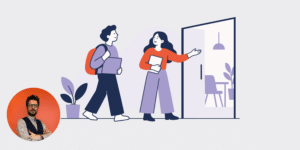 Omgeving nieuwe collega - MONDEA - MONDEA illustratie van twee mensen die voor open deur staan, foto van man op oranje achtergrond