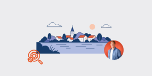 Illustrated lakeside town with a church steeple, trees, and water; orange gear icon bottom left and a circular portrait badge bottom right.