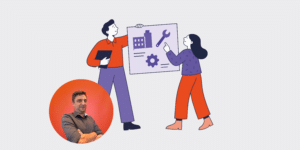 Teamlead technisch domein - MONDEA foto van een man met oranje achtergrond. Illustratie van een man en vrouw die een pancarte omhoog houden met een moersleutel, gebouw en moer op