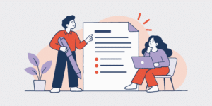 Two coworkers review a large checklist-like document; one points to it while the other sits with a laptop nearby.