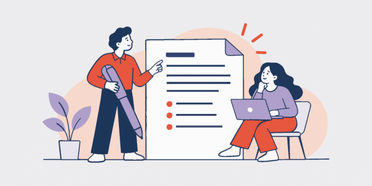 Two coworkers review a large checklist-like document; one points to it while the other sits with a laptop nearby.