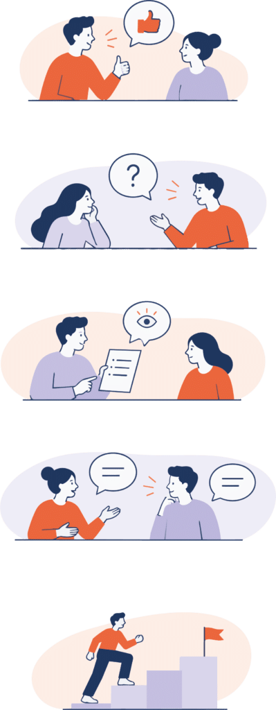 Two people conversing; the man shows a thumbs-up while the smiley dialogue bubble indicates approval or agreement.
