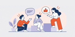 Three people are having a group chat, with speech bubbles and a thumbs‑up icon indicating positive feedback.